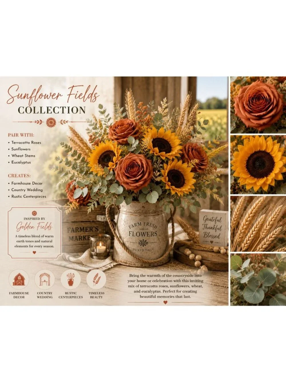 Set of 6 Terracotta Rose Stems Artificial Roses Burnt Orange Roses Faux Flowers